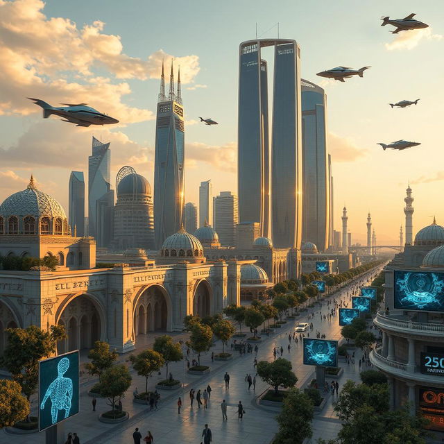 A futuristic cityscape of Kashan in the year 2050, featuring a blend of traditional Persian architecture with modern technology