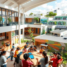A modern 21st century thinking school, showcasing innovative architecture with bright, open spaces and flexible classrooms