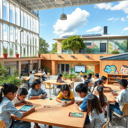 A modern 21st century thinking school, showcasing innovative architecture with bright, open spaces and flexible classrooms