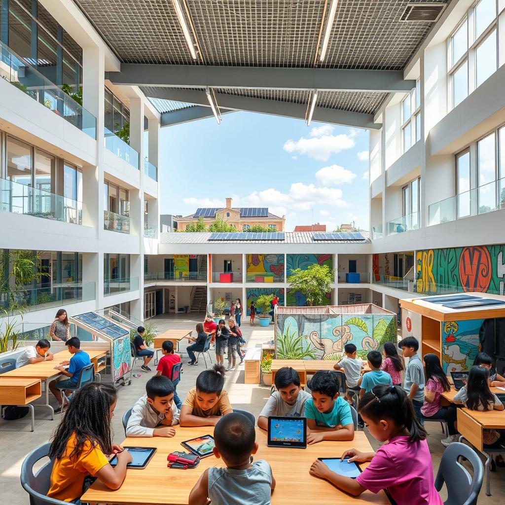 A modern 21st century thinking school, showcasing innovative architecture with bright, open spaces and flexible classrooms
