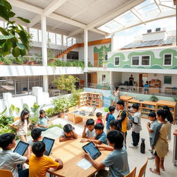 A modern 21st century thinking school, showcasing innovative architecture with bright, open spaces and flexible classrooms