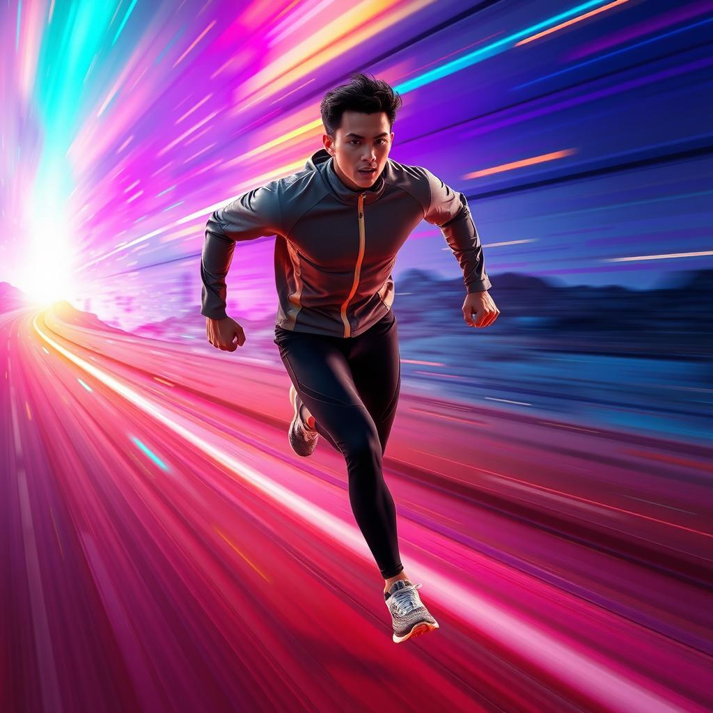 An individual running at the speed of light, depicted in a dynamic and energetic pose