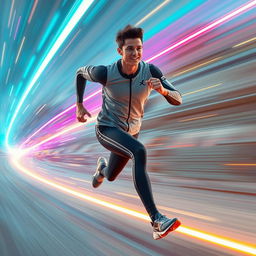 An individual running at the speed of light, depicted in a dynamic and energetic pose
