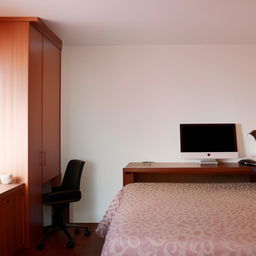 A cozy room featuring a comfy double bed, a modern computer table, and a stylish cabinet.