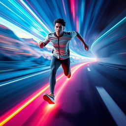 An individual running at the speed of light, depicted in a dynamic and energetic pose