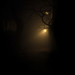 A deeply atmospheric scene set in a dark, mysterious location, featuring shadows that stretch across the ground, dimly lit corners, and flickering lights casting eerie reflections