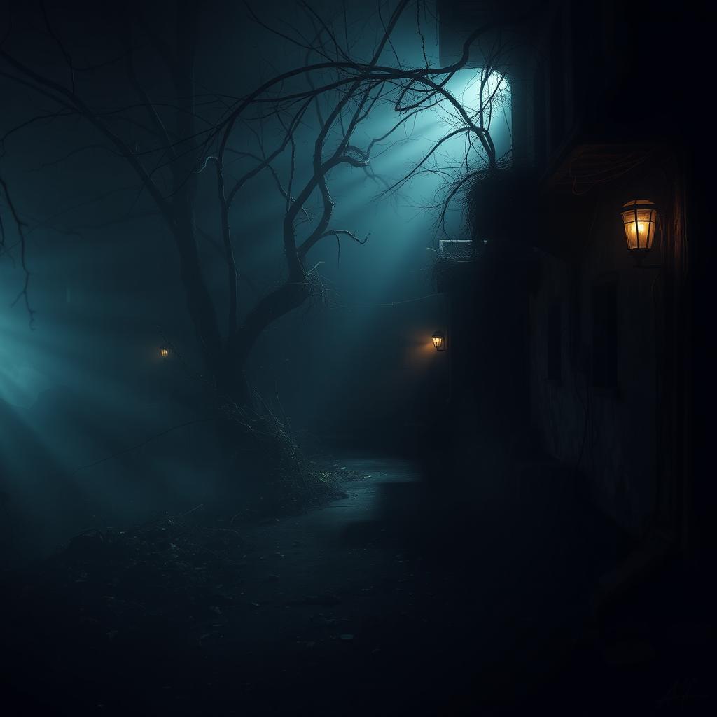 A deeply atmospheric scene set in a dark, mysterious location, featuring shadows that stretch across the ground, dimly lit corners, and flickering lights casting eerie reflections