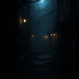 A deeply atmospheric scene set in a dark, mysterious location, featuring shadows that stretch across the ground, dimly lit corners, and flickering lights casting eerie reflections