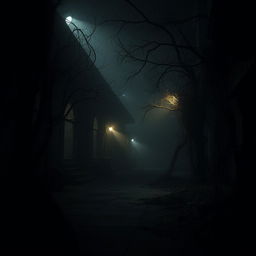 A deeply atmospheric scene set in a dark, mysterious location, featuring shadows that stretch across the ground, dimly lit corners, and flickering lights casting eerie reflections
