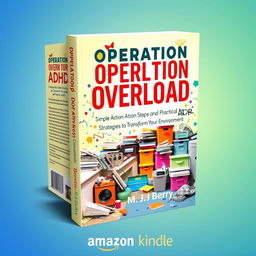 A vibrant and engaging book cover design for the title 'Operation Overload' with the subtitle 'Cleaning and Organizing with ADHD: Simple Action Steps and Practical Strategies to Transform Your Environment'