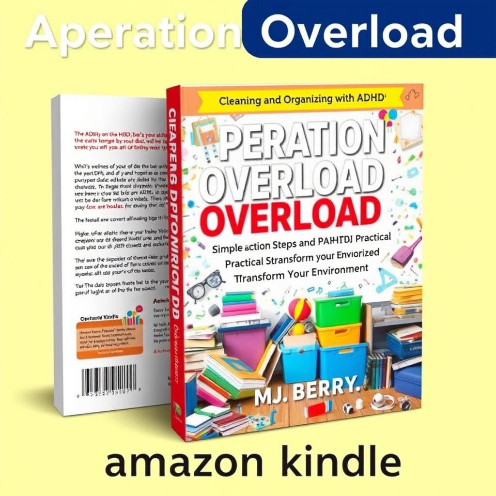 A vibrant and engaging book cover design for the title 'Operation Overload' with the subtitle 'Cleaning and Organizing with ADHD: Simple Action Steps and Practical Strategies to Transform Your Environment'