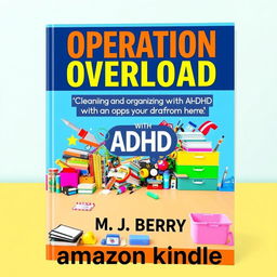 A vibrant and engaging book cover design for the title 'Operation Overload' with the subtitle 'Cleaning and Organizing with ADHD: Simple Action Steps and Practical Strategies to Transform Your Environment'
