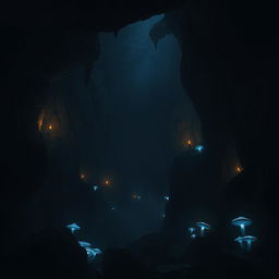 A mysterious and dimly lit underground cavern, featuring jagged rock formations and eerie shadows cast by faint, flickering torches along the walls