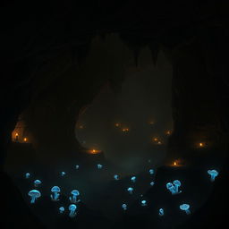 A mysterious and dimly lit underground cavern, featuring jagged rock formations and eerie shadows cast by faint, flickering torches along the walls