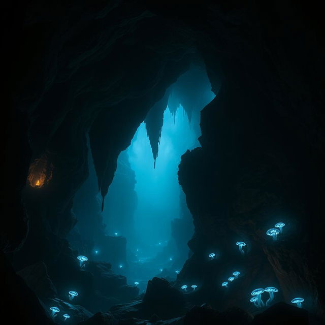 A mysterious and dimly lit underground cavern, featuring jagged rock formations and eerie shadows cast by faint, flickering torches along the walls