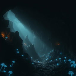 A mysterious and dimly lit underground cavern, featuring jagged rock formations and eerie shadows cast by faint, flickering torches along the walls