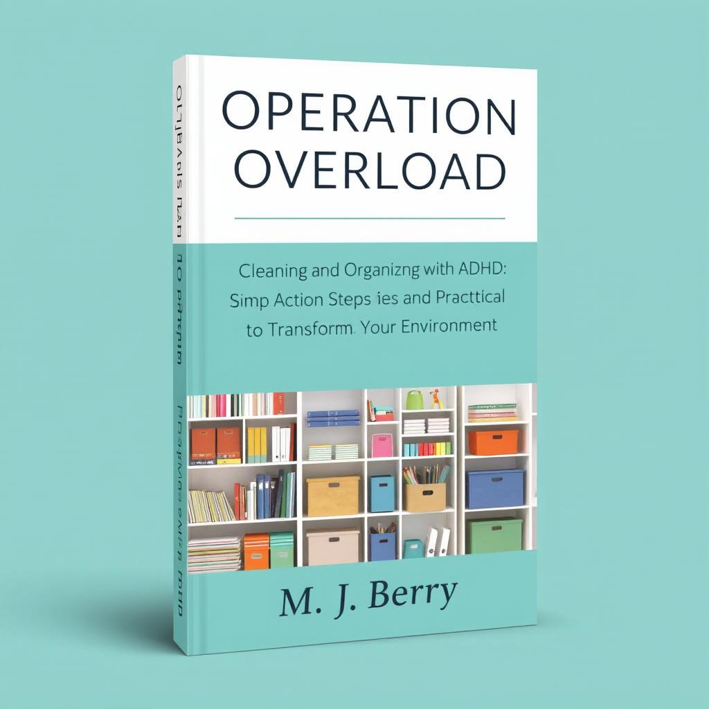 A visually appealing book cover design for the title 'Operation Overload' with the subtitle 'Cleaning and Organizing with ADHD: Simple Action Steps and Practical Strategies to Transform Your Environment'