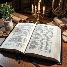 An open Jewish study Bible featuring the book of Genesis, beautifully illustrated with intricate Hebrew calligraphy on the pages