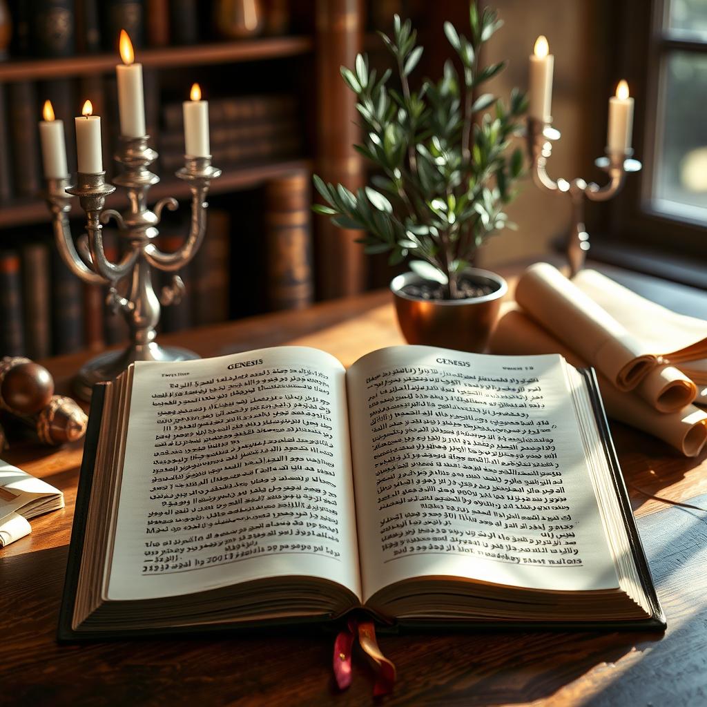An open Jewish study Bible featuring the book of Genesis, beautifully illustrated with intricate Hebrew calligraphy on the pages