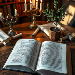 An open Jewish study Bible featuring the book of Genesis, beautifully illustrated with intricate Hebrew calligraphy on the pages