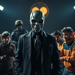 An imaginative scene portraying Mehran Modiri as the charismatic frontman in a suspenseful game reminiscent of 'Squid Game'