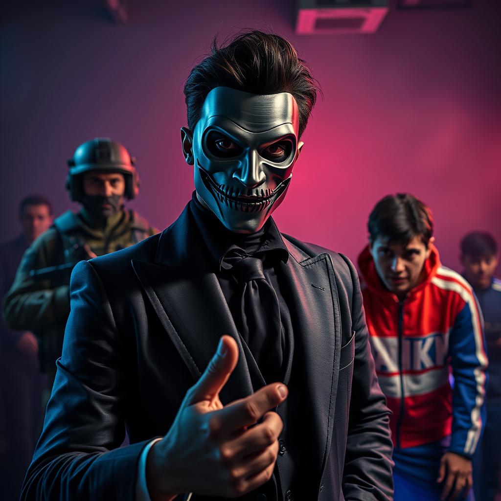 An imaginative scene portraying Mehran Modiri as the charismatic frontman in a suspenseful game reminiscent of 'Squid Game'