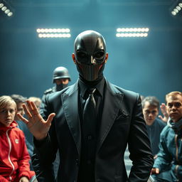 An imaginative scene portraying Mehran Modiri as the charismatic frontman in a suspenseful game reminiscent of 'Squid Game'