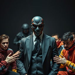 An imaginative scene portraying Mehran Modiri as the charismatic frontman in a suspenseful game reminiscent of 'Squid Game'