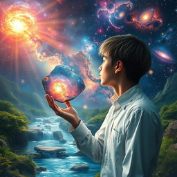A surreal art piece depicting a cosmic scene featuring a beautiful celestial landscape