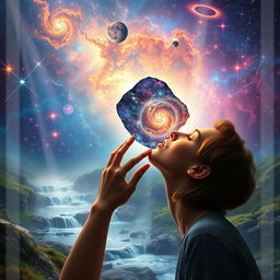 A surreal art piece depicting a cosmic scene featuring a beautiful celestial landscape