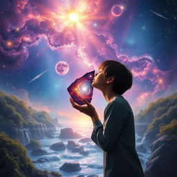 A surreal art piece depicting a cosmic scene featuring a beautiful celestial landscape