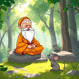 A cartoon-style thumbnail featuring a wise sage with a long white beard, sitting cross-legged on a large rock, adorned in an orange robe