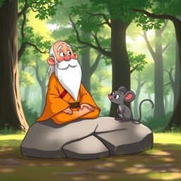 A cartoon-style thumbnail featuring a wise sage with a long white beard, sitting cross-legged on a large rock, adorned in an orange robe