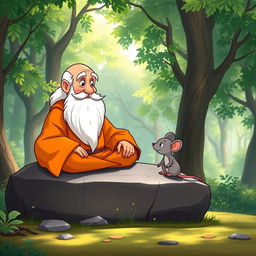 A cartoon-style thumbnail featuring a wise sage with a long white beard, sitting cross-legged on a large rock, adorned in an orange robe