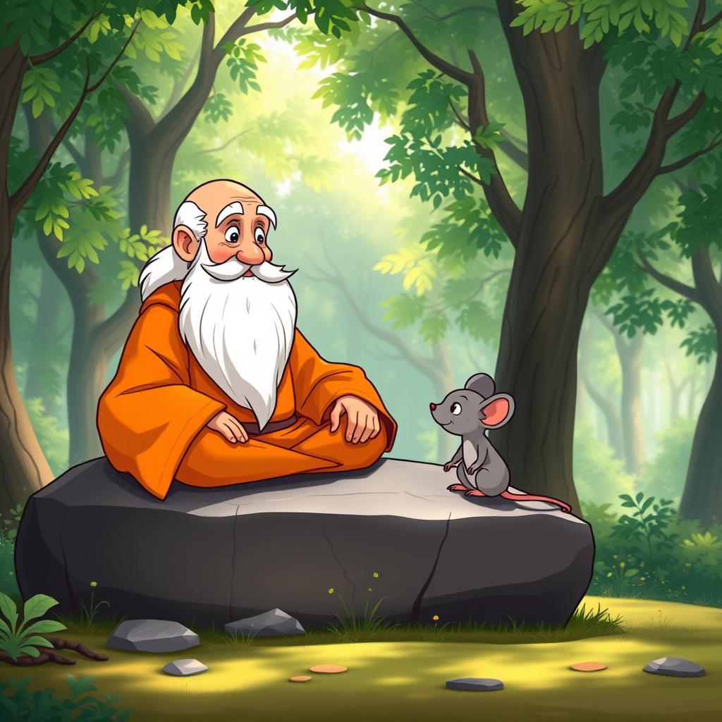 A cartoon-style thumbnail featuring a wise sage with a long white beard, sitting cross-legged on a large rock, adorned in an orange robe
