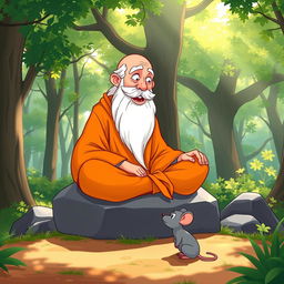 A cartoon-style thumbnail featuring a wise sage with a long white beard, sitting cross-legged on a large rock, adorned in an orange robe