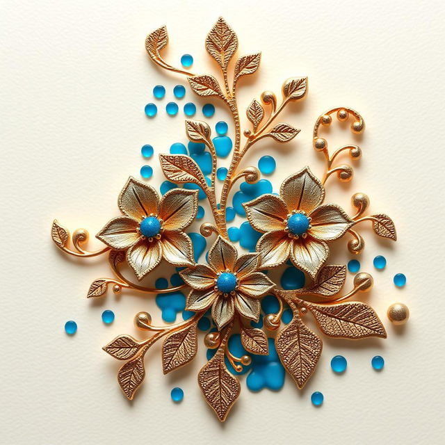 An intricate design featuring elegant and floral patterns, with delicate piercings artistically incorporated over vibrant blue dots
