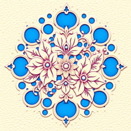 An intricate design featuring elegant and floral patterns, with delicate piercings artistically incorporated over vibrant blue dots