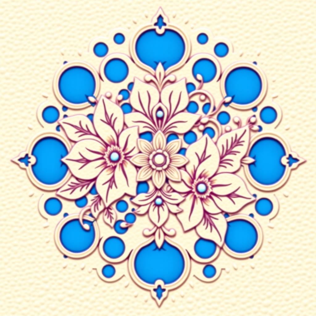 An intricate design featuring elegant and floral patterns, with delicate piercings artistically incorporated over vibrant blue dots