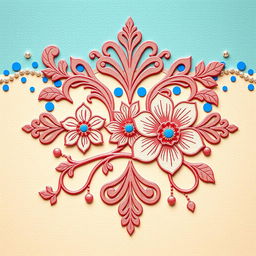 An intricate design featuring elegant and floral patterns, with delicate piercings artistically incorporated over vibrant blue dots
