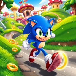 An energetic character inspired by Sonic the Hedgehog, featuring vibrant blue fur and bright green eyes, exuding speed and agility