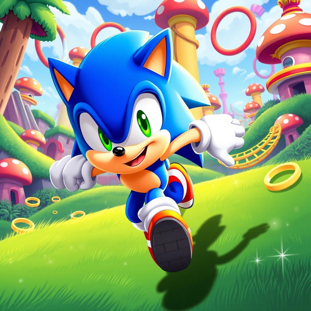 An energetic character inspired by Sonic the Hedgehog, featuring vibrant blue fur and bright green eyes, exuding speed and agility