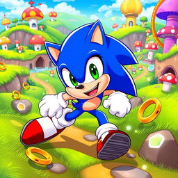An energetic character inspired by Sonic the Hedgehog, featuring vibrant blue fur and bright green eyes, exuding speed and agility