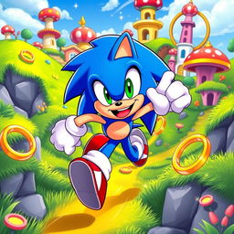 An energetic character inspired by Sonic the Hedgehog, featuring vibrant blue fur and bright green eyes, exuding speed and agility