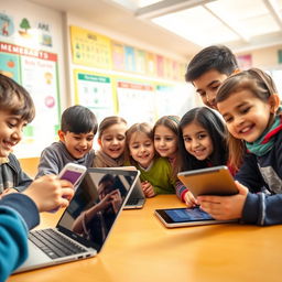 A group of Iranian children joyfully engaging with modern technology like laptops and tablets in a vibrant classroom setting