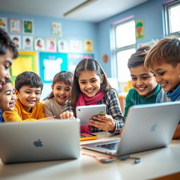 A group of Iranian children joyfully engaging with modern technology like laptops and tablets in a vibrant classroom setting