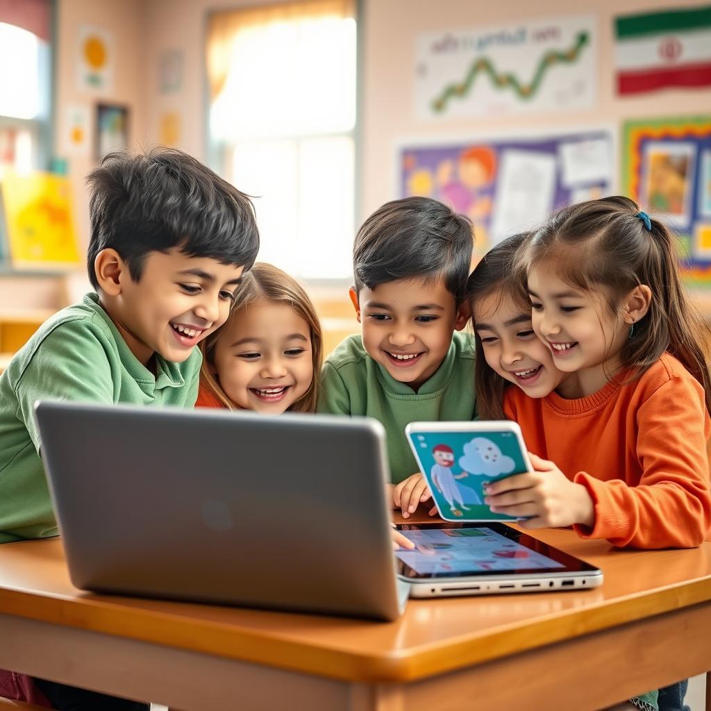 A group of Iranian children joyfully engaging with modern technology like laptops and tablets in a vibrant classroom setting