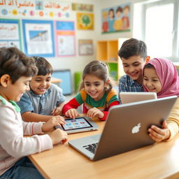 A group of Iranian children joyfully engaging with modern technology like laptops and tablets in a vibrant classroom setting