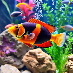 A vibrant and colorful Oscar fish swimming gracefully in an aquarium setting, surrounded by lush aquatic plants and soft rocks