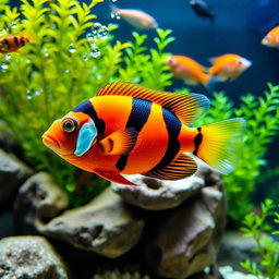 A vibrant and colorful Oscar fish swimming gracefully in an aquarium setting, surrounded by lush aquatic plants and soft rocks